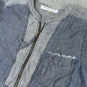 Trina Turk 1/4 Zip Top Indigo‎ Kaiko 2 Denim Chambray Blouse Linen Blend Size M